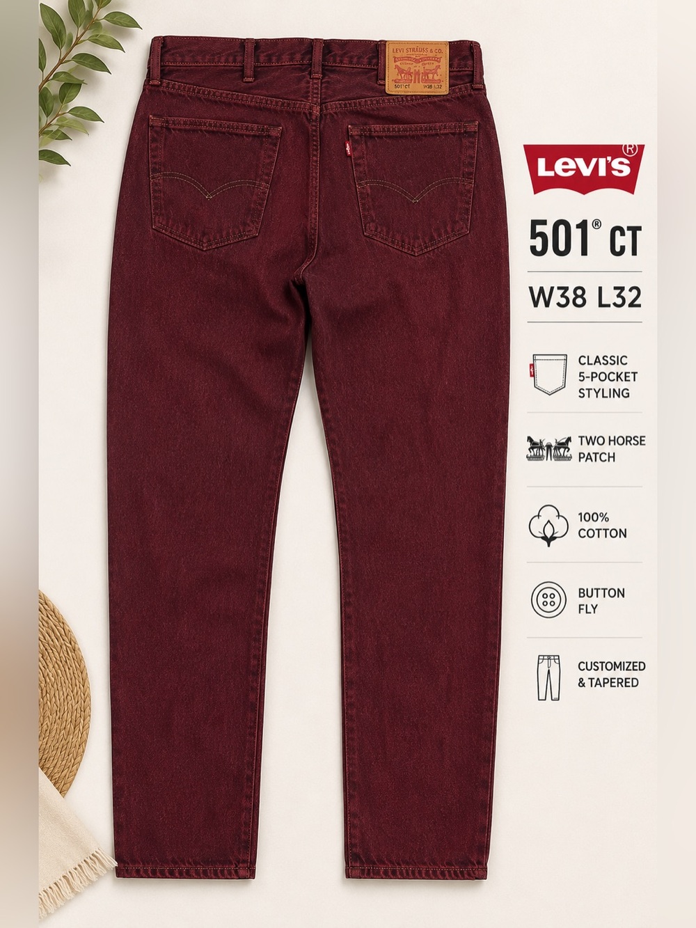 Levi’s 501 CT Men’s Jeans W38 L32 Burgundy Red Tapered 100% Cotton Button Fly